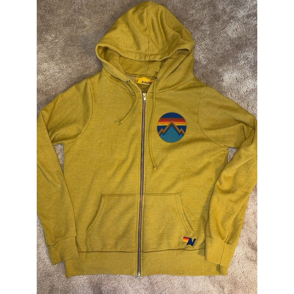 Aviator Nation Zip Hoodie Sweatshirt Rainbow Mountain Logo Gold Mustard Yellow L